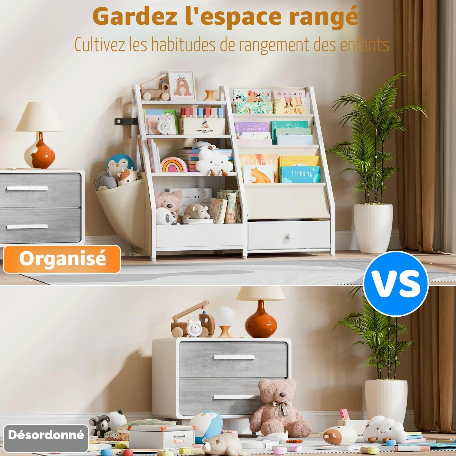 HAVLOTII Bibliothèque pour enfants et rangement de jouets – Étagère à livres pour chambres d'enfants, bibliothèque pour tout-petits, bibliothèque de bébé pour chambre d'enfant, organiseur de jouets
