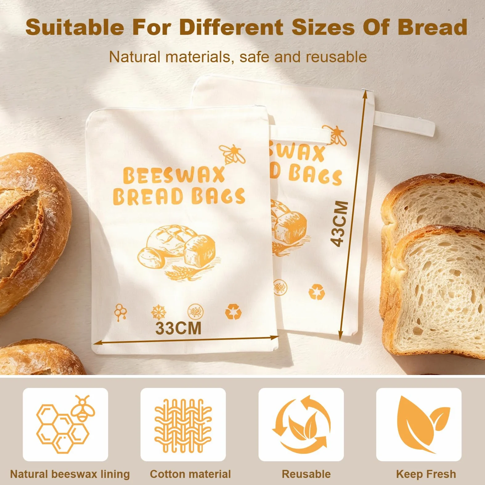 Lot de 2 sacs à pain en cire d'abeille avec ouverture en forme de L, 43 x 33 cm, sacs de rangement réutilisables en coton, faciles à remplir et à nettoyer, parfaits pour le pain au levain et fait
