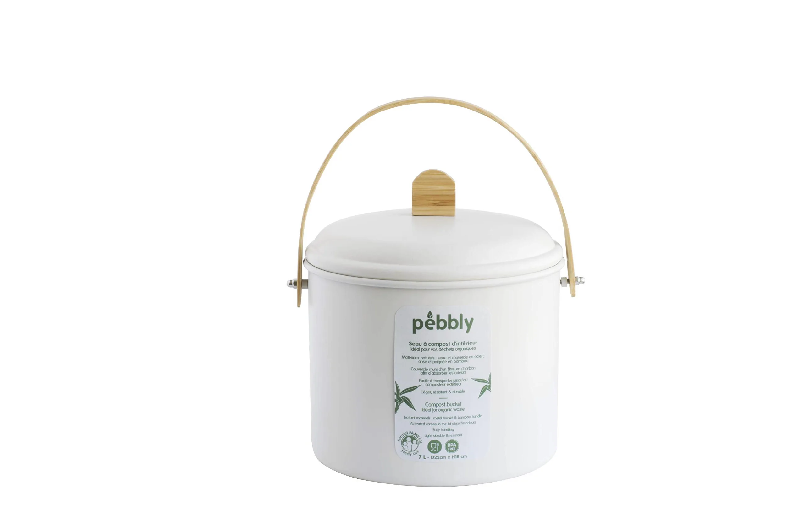 PEBBLY - Seau à Compost d'Intérieur en Acier et Anse en Bambou - 7 litres - Ø 22 x 25 cm - Filtre Anti-Odeur en Charbon Inclus, Seau Élégant, Durable, Léger et Résistant, sans Risque de Fuite