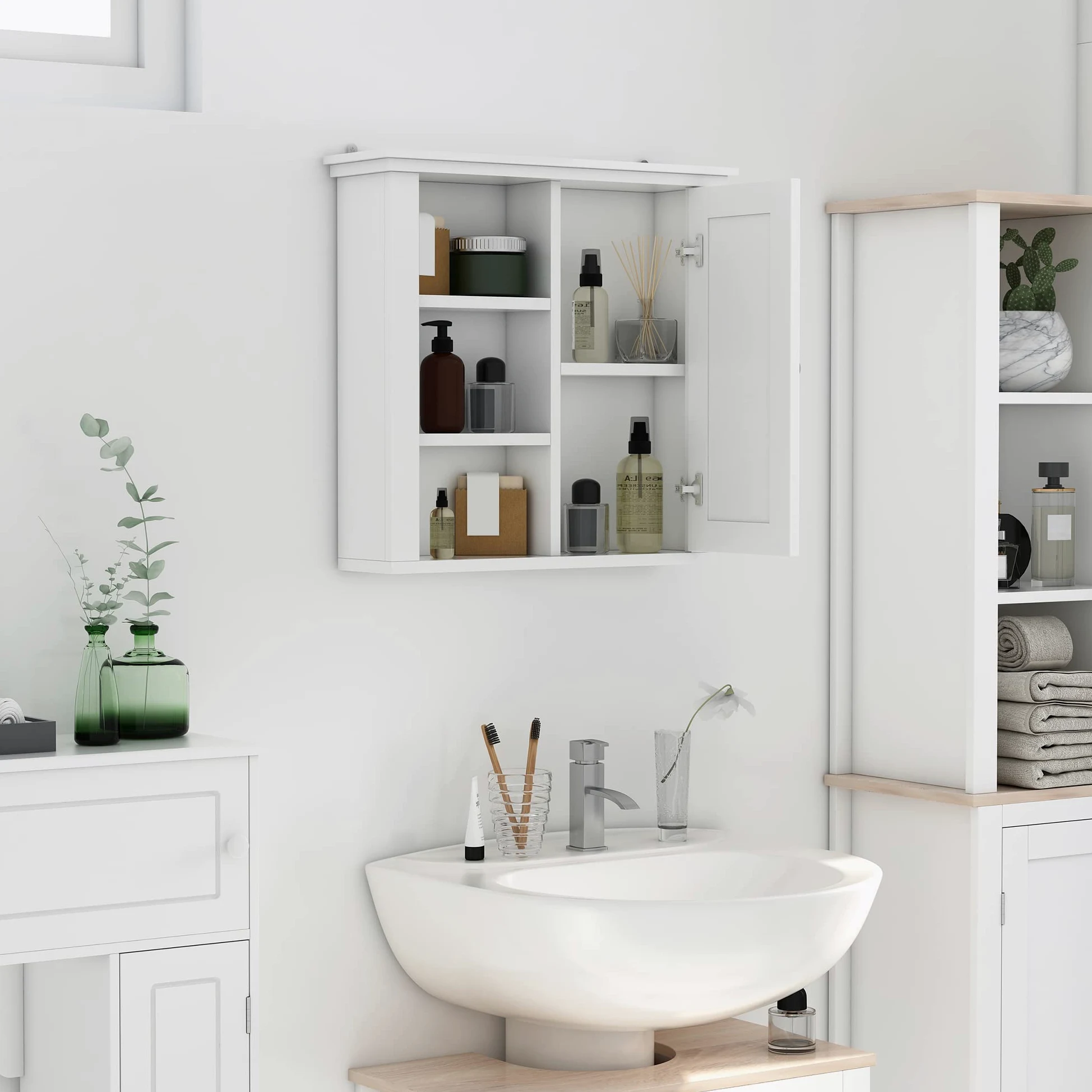 HOMCOM Armoire Murale de Salle de Bain Meuble Suspendu WC Placard 1 Porte 3 niches dim. 53L x 14,5l x 50,5H cm en Bois Blanc