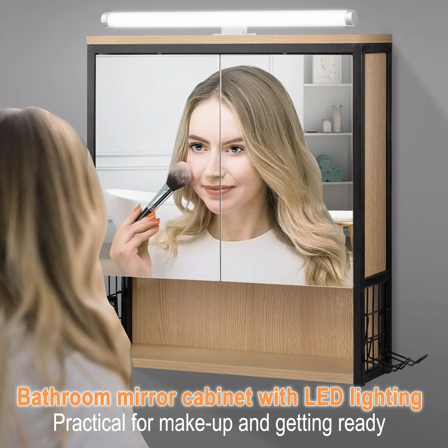 EUGAD Armoire Murale Salle de Bain avec Miroir et LED, Meuble Salle de Bain, Armoire de Toilette, avec Étagère Réglable, Support Sèche-Cheveux, Chêne +Noir