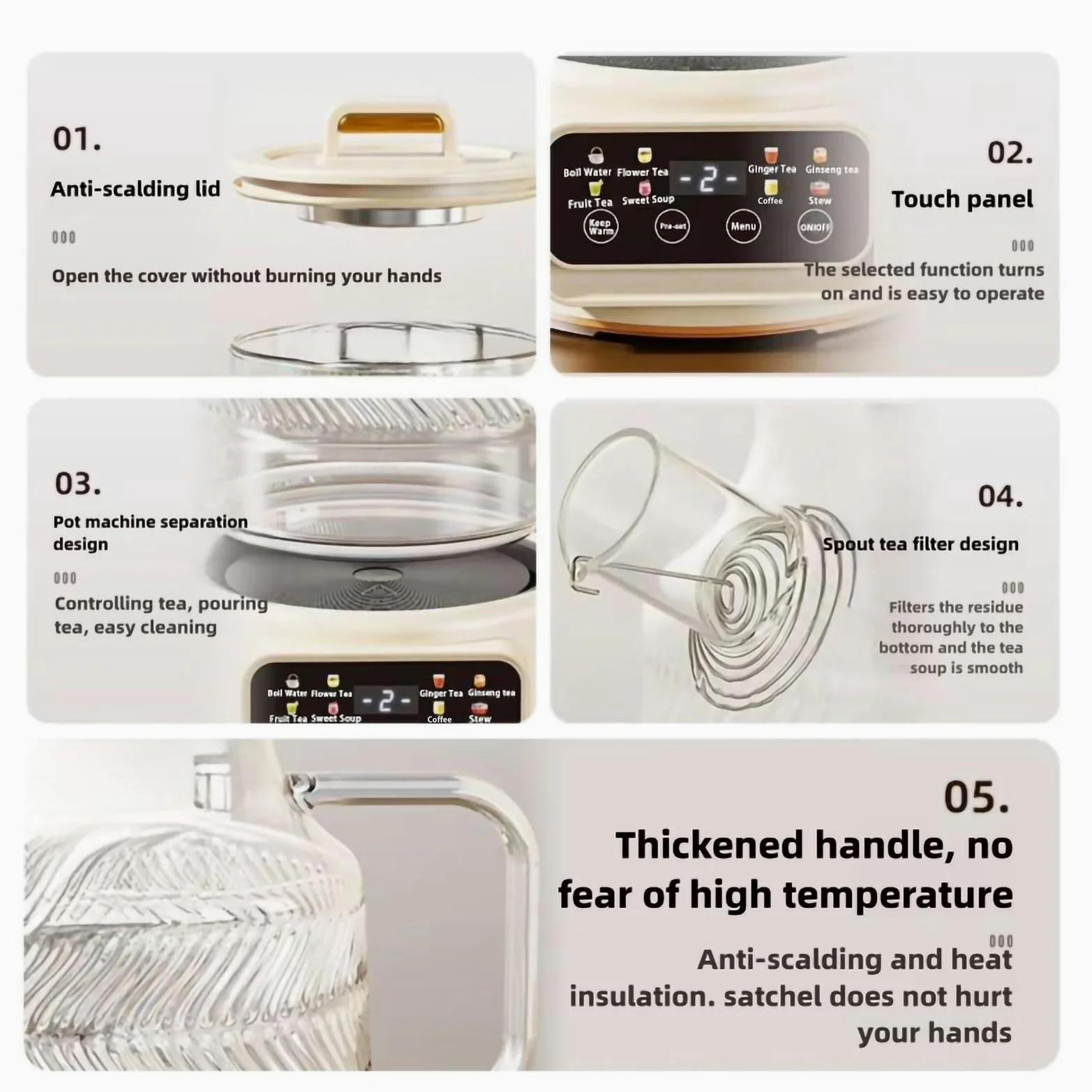 Théière Électrique Multifonction 1200ml, 8 Modes de Préparation, Base Chauffante avec Écran Digital, Carafe en Verre, Blanc