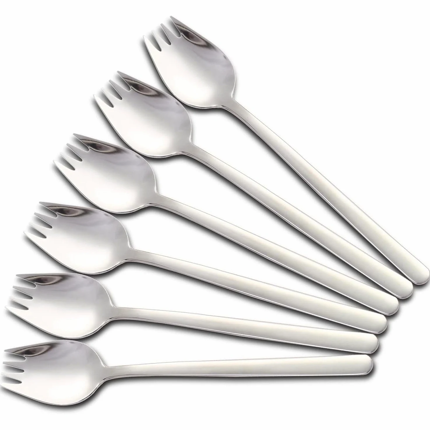Lot de 6 fourchettes SUS304 avec manche long de 20 cm et fourchettes de buffet robustes, cuillère 2 en 1, fourchette à nouilles portable réutilisable, ustensiles multifonctionnels pour le camping, les