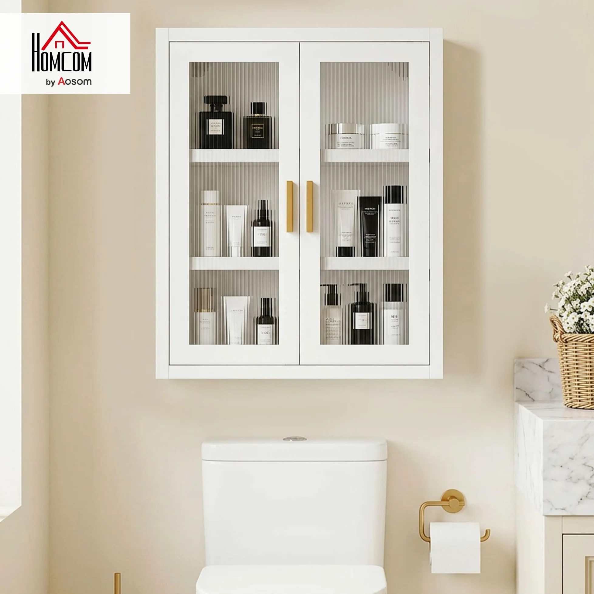 HOMCOM Armoire Murale de Salle de Bain métale, 40 x 14 x 50 cm, Meuble de Rangement Suspendu avec 2 Portes cannelées en Acrylique et étagère réglable, Métal, Blanc