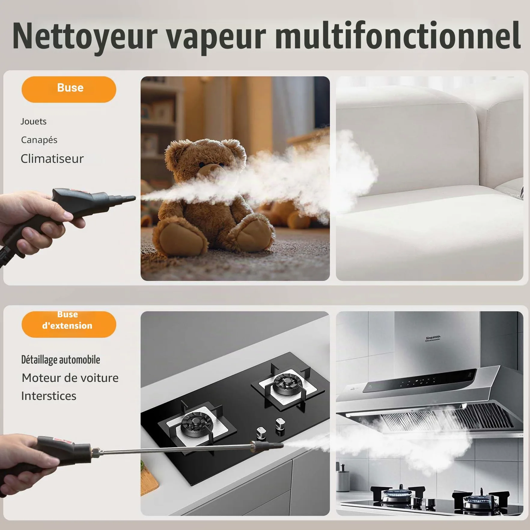 Nettoyeur à vapeur manuel 6 niveaux réglables, chauffe 10–15s, réservoir 1,2 L, 15 accessoires, nettoyeur haute pression sans chimie cuisine salle de bains sols voitures vitres