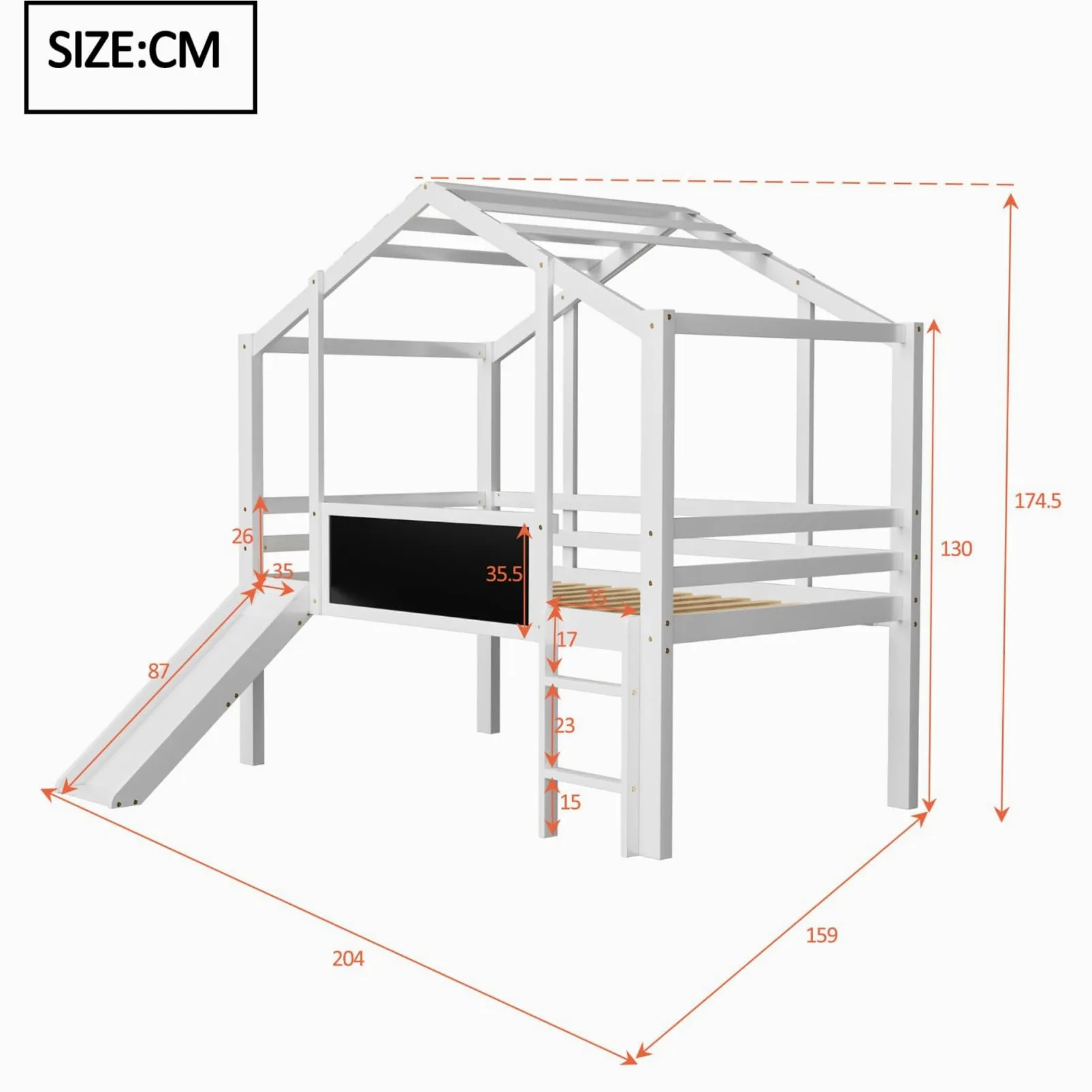 Lit Mezzanine 1 Place 90x200cm,Lit Cabane Enfants avec Toboggan,Tableaux Blancs,Haute Barrière,Sommier à Lattes Solide,Pin,pour Enfants Adolescents,sans LED/Matelas(Blanc)