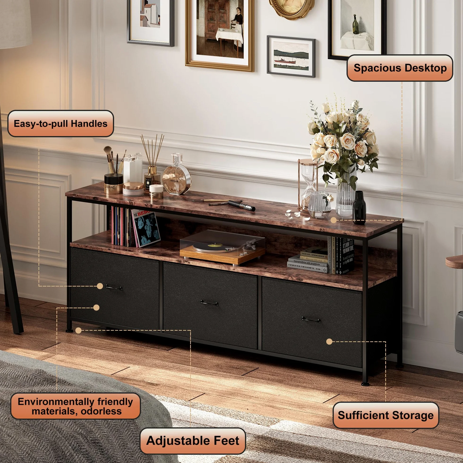 Meuble TV LED pour salon, console multimédia avec tiroirs à motif floral, lumières LED, centre de divertissement avec rangement, console de jeux avec meuble de jeux pour salon (noir B)