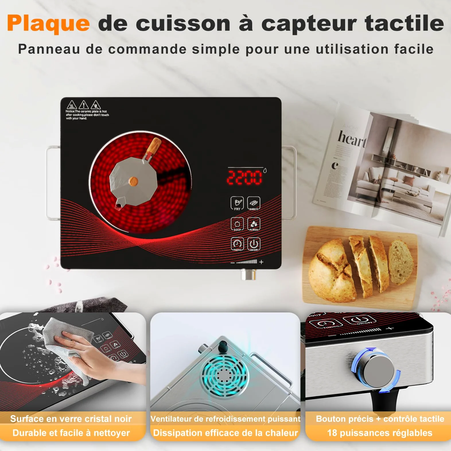 Plaque Vitrocéramique 1 Feu 2200W, Portable Plaque Électrique avec Minuterie, Verrouillage de Sécurité, Commande Bouton, Cuisson Sans Flamme, Surface en Verre Noir