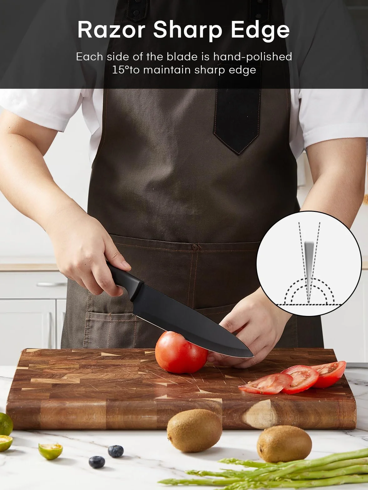 FOHERE Bloc de Couteaux,13 Pièces, Couteau Cuisine avec Affûteur Intégré, Acier Inoxydable, Ensemble de Couteaux avec Poignée en PP, avec Bloc Couteaux en Plastique, Granit Noir