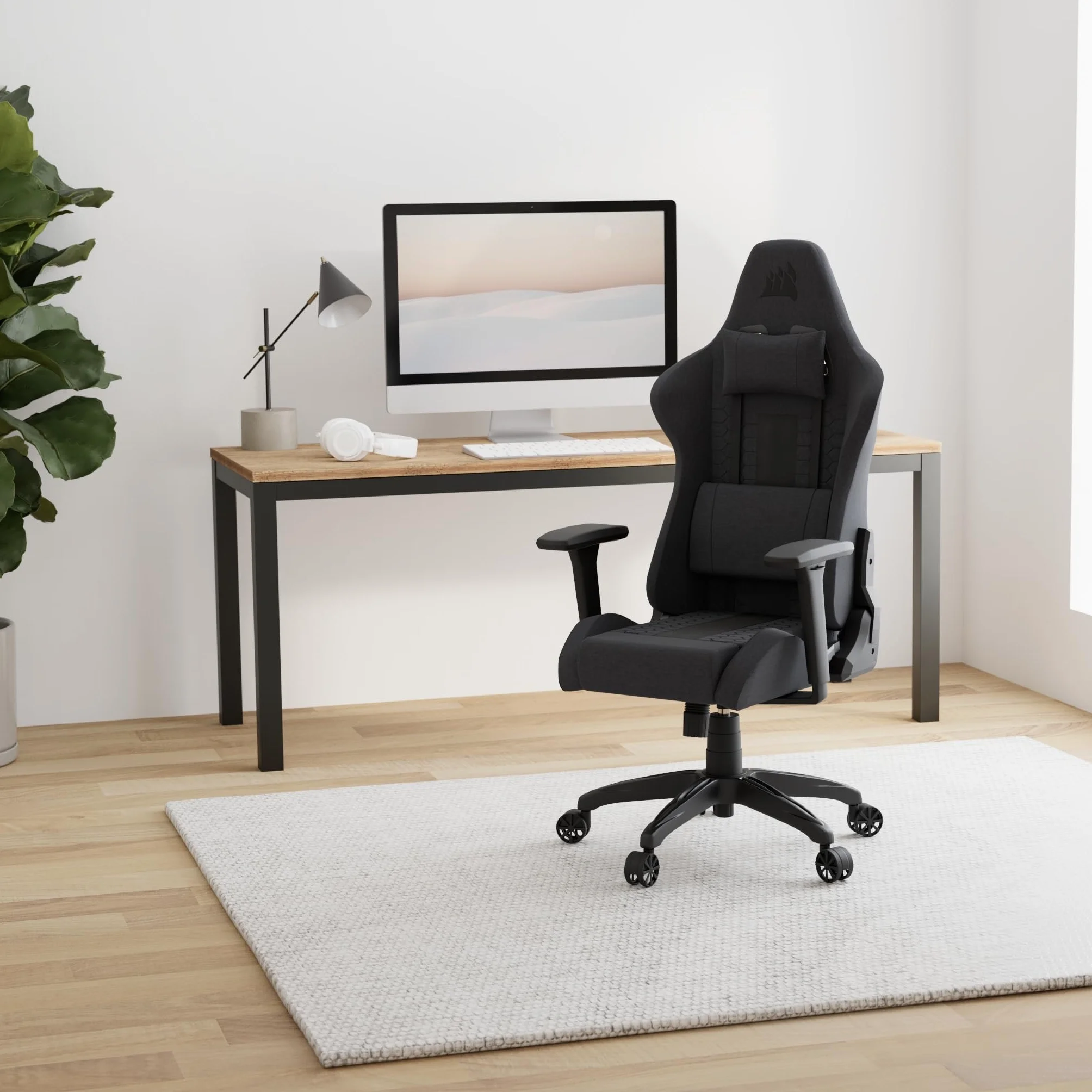Corsair TC100 Relaxed Fauteuil Gaming – Gris et Noir | Tissu, Design Inspiré des Sports Automobiles, Coussin Lombaire, Coussin Repose-nuque Détachable en Mousse à Mémoire de Forme