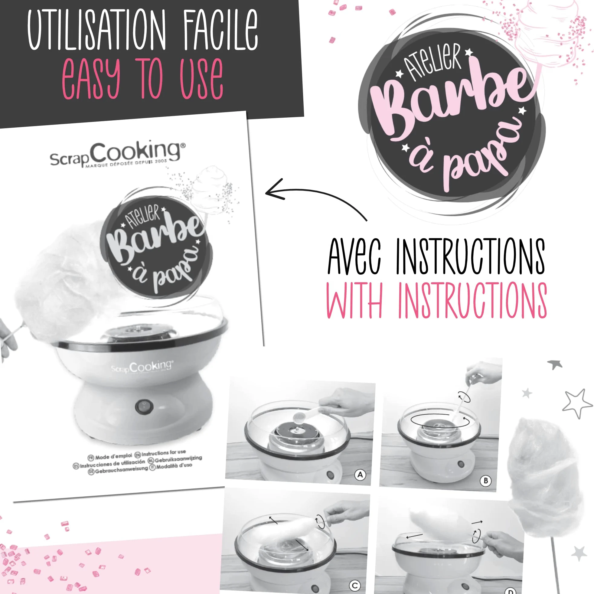 ScrapCooking - Machine Barbe à Papa - Kit Complet pour faire Barbes à Papa Maison : Avec Sucre, Bâtonnets & Cuillère Mesure - Atelier Barbe à Papa - Appareil Électrique Anniversaire - Rose - 3900