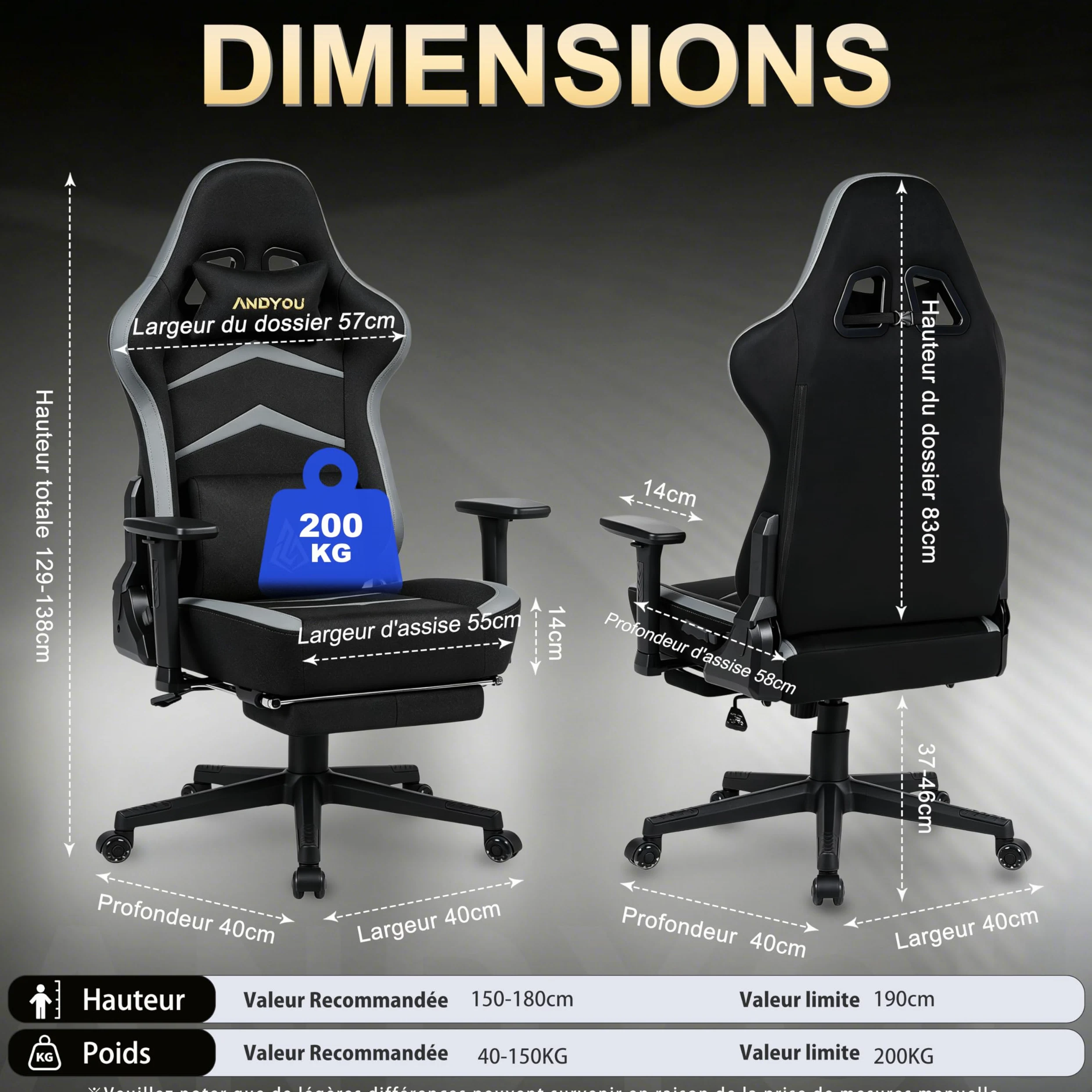 Andyou Chaise Gaming Chaise Bureau Chaise Ergonomique avec Repose Pied, Gaming Chair en Tissu Suédé, Dossier 90°-155°, Accoudoirs 3D Réglables, Fonction Bascule, Noir