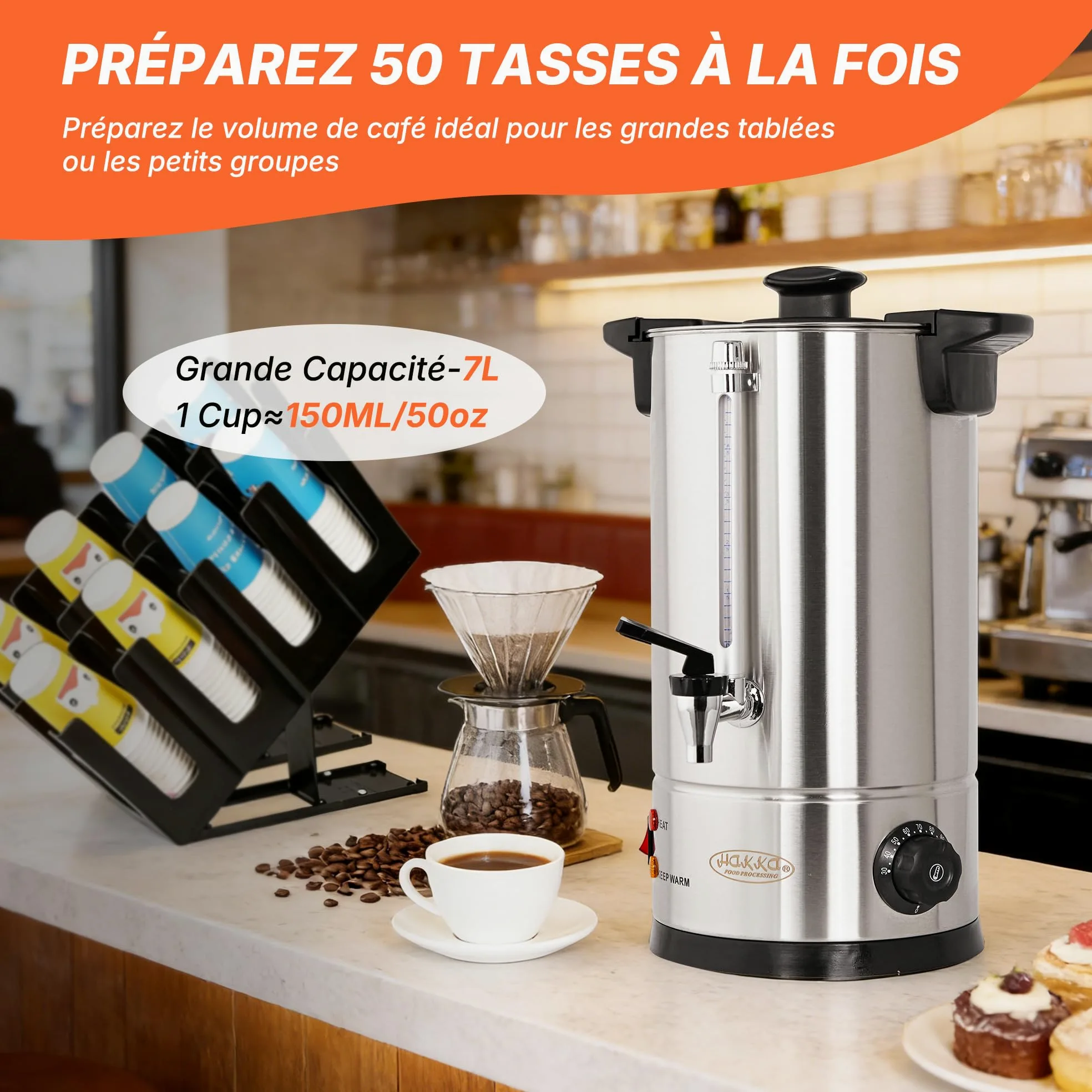 Hakka Percolateur à Café 7L/50 Tasses, Professionnelle Percolateur en Acier Inoxydable, Grand Distributeur de Café, Commercial Percolateurs électrique avec Indicateur de Niveau D'eau (Max: 5,7L)