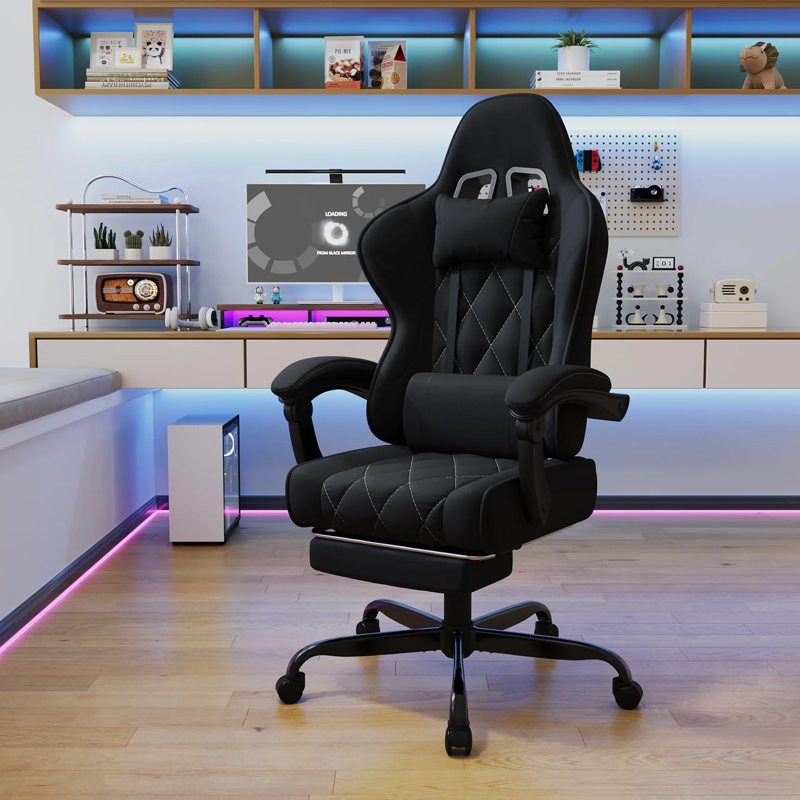 Devoko Chaise Gaming Ergonomique en Tissu, Chaise Bureau Gamer avec Repose-Pieds, Dossier Inclinable, Hauteur Réglable, Massage Lombaire, Fauteuil Gamer Respirant et Anti-Griffes pour Chat, Noir