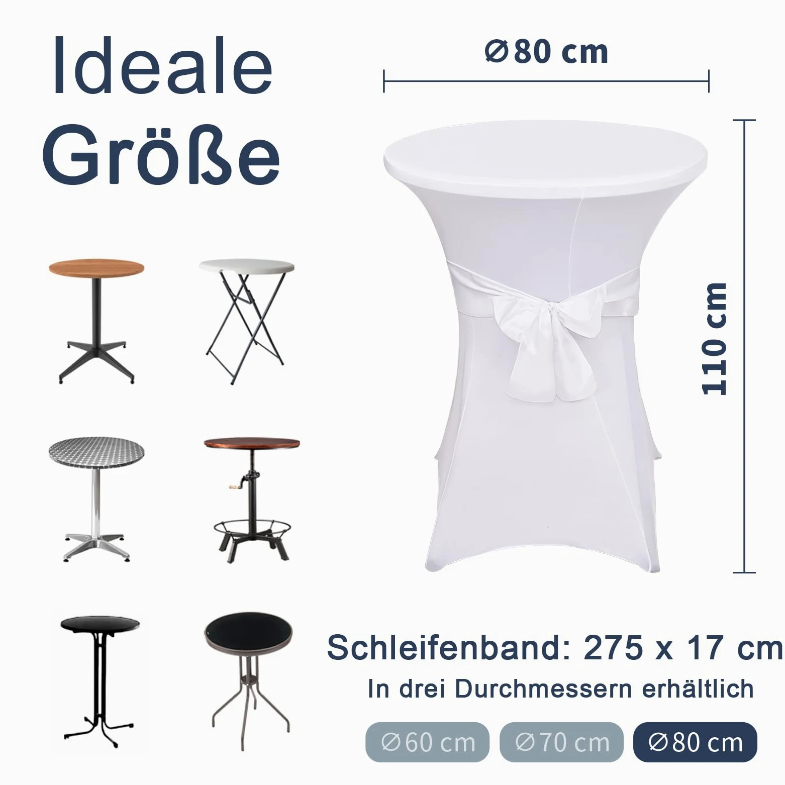 Alishomtll Lot de 3 housses de table haute avec nœud, diamètre 80 cm, extensibles, élégantes housses de table pour table de bistrot, table haute, banquet, mariage (Ø 80 x 110 cm, blanc)