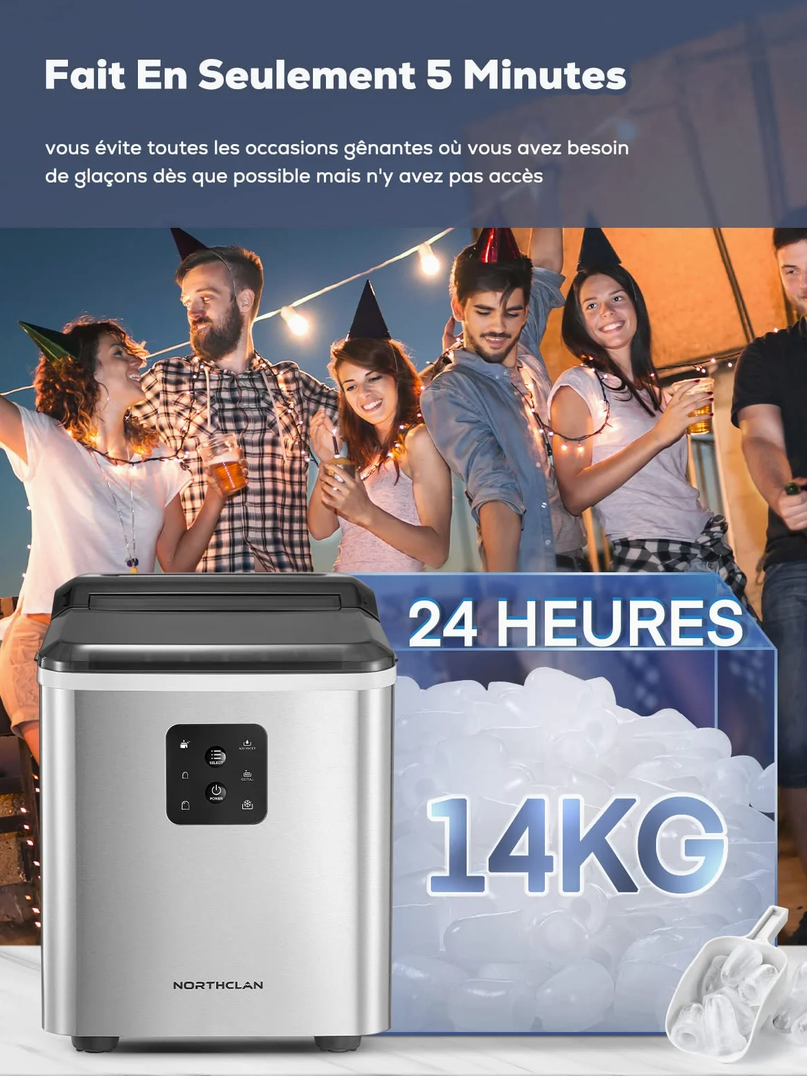 Machine à Glaçons Acier Inoxydable, Autonettoyante, 2 Tailles de Glaçons, 14kg en 24h, 9 Glaçons en 6 Minutes, Écran LCD et Réservoir d'Eau de 2L, Capteur IR, Cuillère à Glaçons et Panier, NORTHCLAN