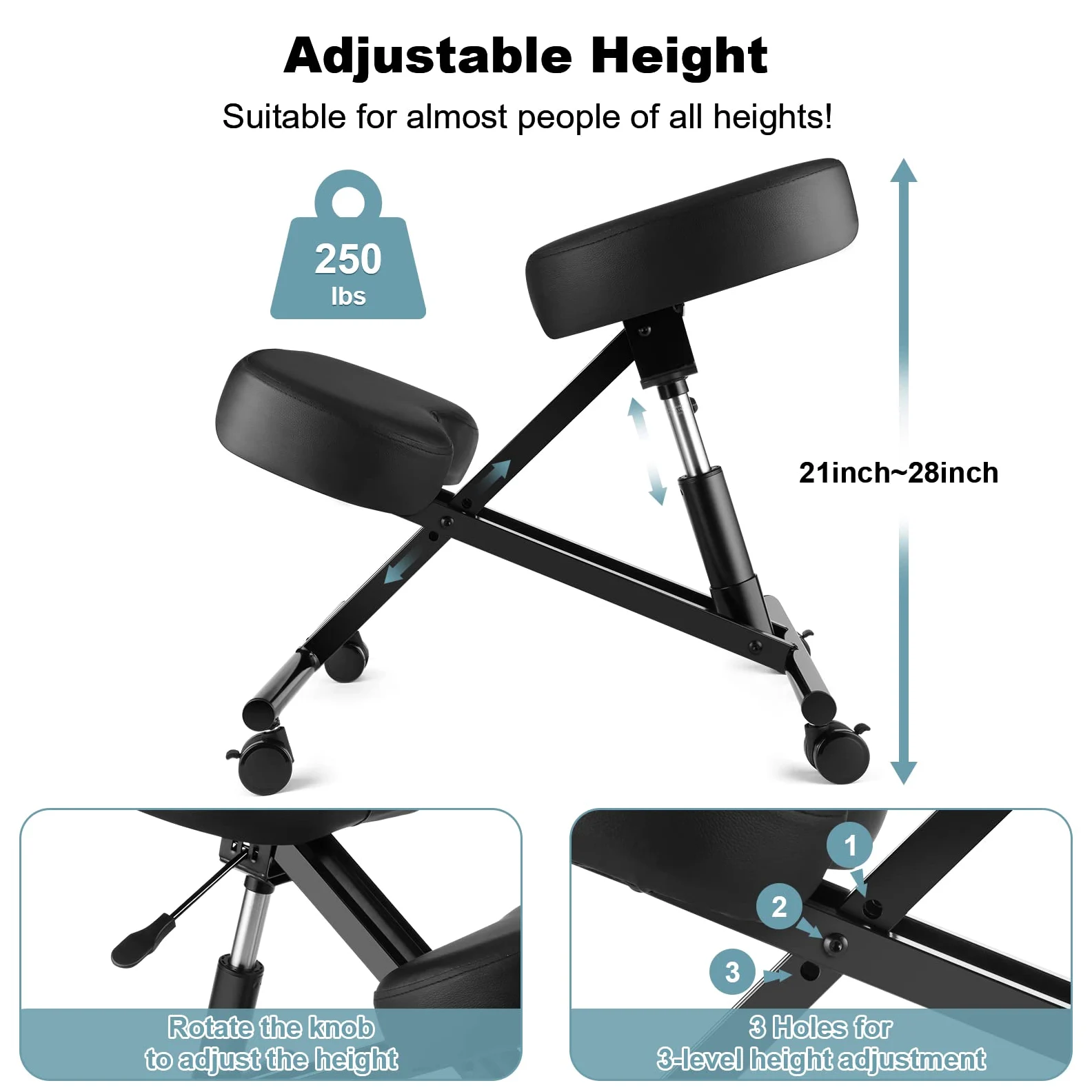 COOCHEER Chaise à Genoux de Bureau Ergonomique, Tabouret Genoux pour la Maison et Le Bureau, Chaise pour Ordinateur avec roulettes, Réglable Hauteur, Structure de Métal, Faux Cuir, Rembourrée