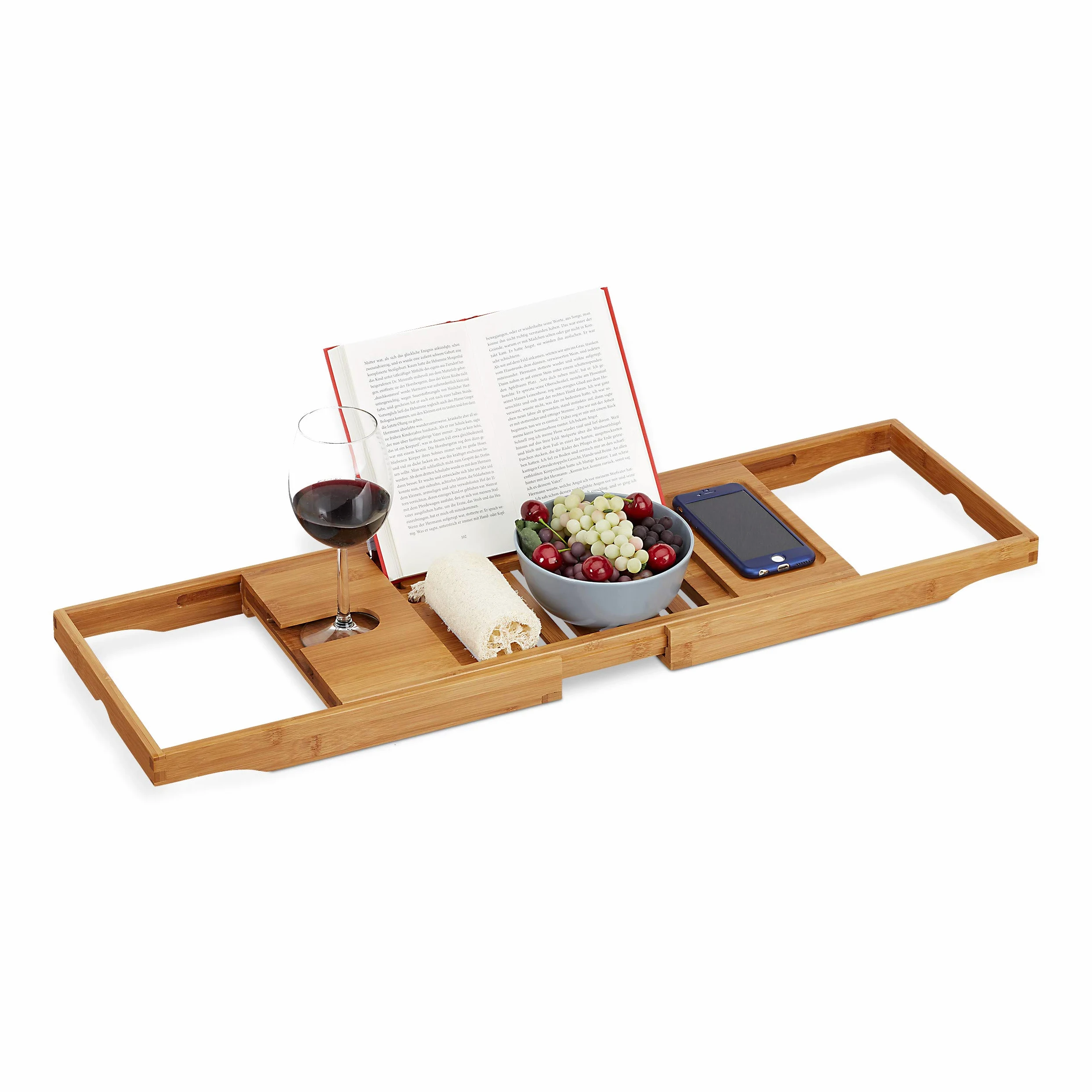 Relaxdays Pont de Baignoire XL, avec Serre-Livre & pour Tablette, Plateau Luxueux, Bambou, Extensible 70-105 cm, Nature