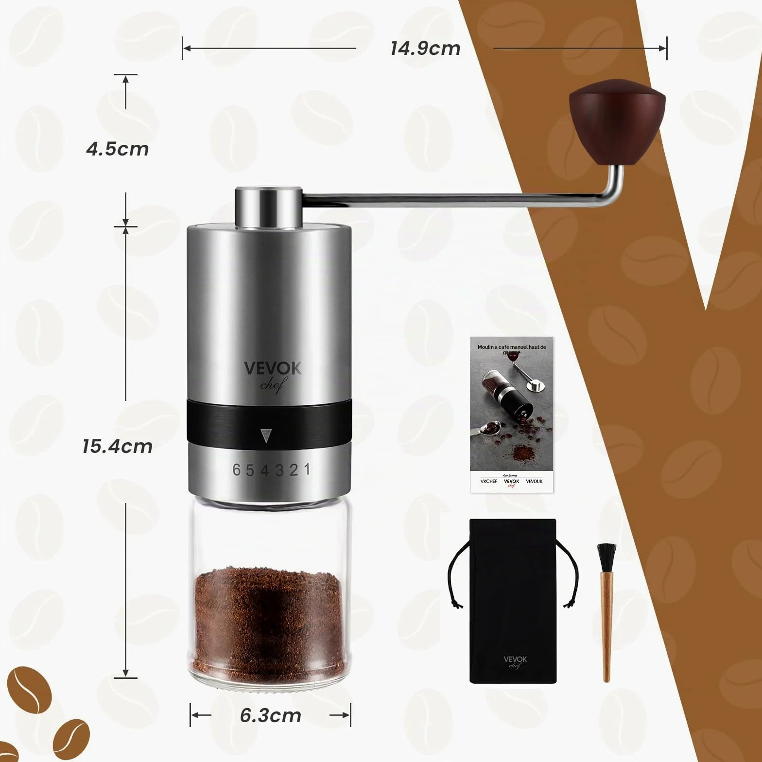 Vevok Chef Moulin à Café Manuel avec 6 Réglages Externes pour Espresso à French Press, Meule Conique en Acier Inoxydable, Idéal pour Maison, Bureau ou Voyages, Argent