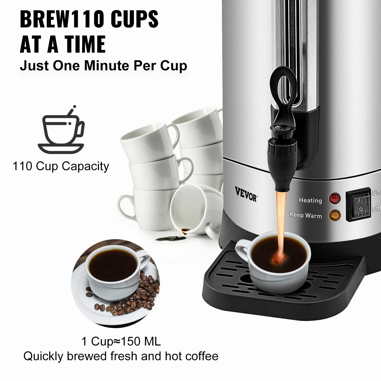 VEVOR Percolateur à Café 16,4 L 110 Tasses Distributeur de Boissons Chaudes en Acier Inoxydable Filtre Permanent Marmite à Vin Chaud 90-98 ℃ Maintenu Infusion Rapide Appareil Chauffe Eau Thé Chocolat