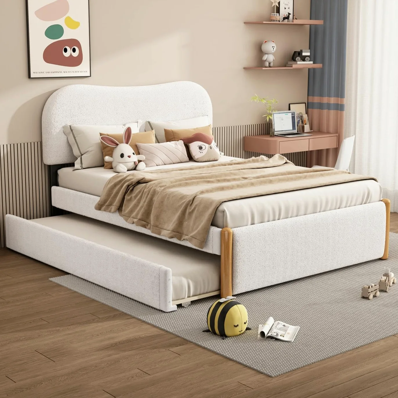 Sweiko Lit Plat 140 * 200cm, lit rembourré en Bois avec lit gigogne Pratique, Cadre de lit pour Enfants,lit Adult Double