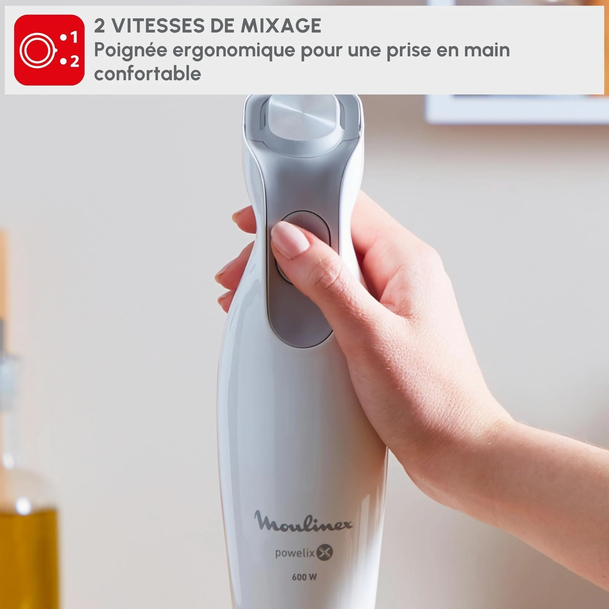 Moulinex Mixeur plongeant, 600 W, 2 vitesses, Poignée ergonomique, Pied antiéclaboussures inox, Compatible lave-vaisselle, 4 lames technologie Powelix, Daily Chef Blanc DD551110
