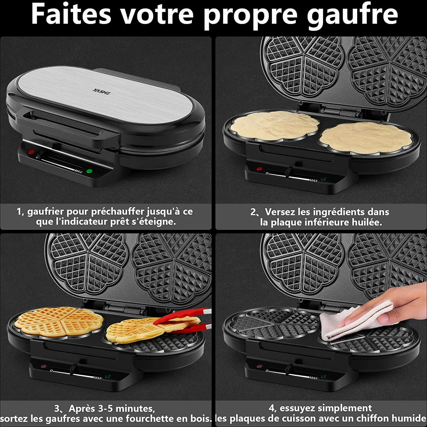 YASHE Machine À Gauffre Coeur, 10 Gaufres Classiques En Forme De Cœur Avec Revêtement Antiadhésif, 5 Réglages De Température Ajustables, Voyants Lumineux, Anti-Débordement, 1200W, Argent/Noir