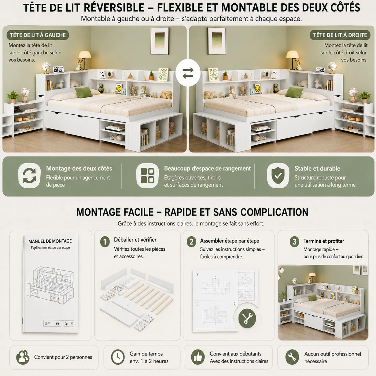 Lit Enfant 140x200 cm avec Rangement, Cadre de Lit Enfant Multifonctionnel avec Tiroirs, Bibliothèque Intégrée et Casier de Rangement, Structure en Métal avec Sommier à Lattes, Blanc
