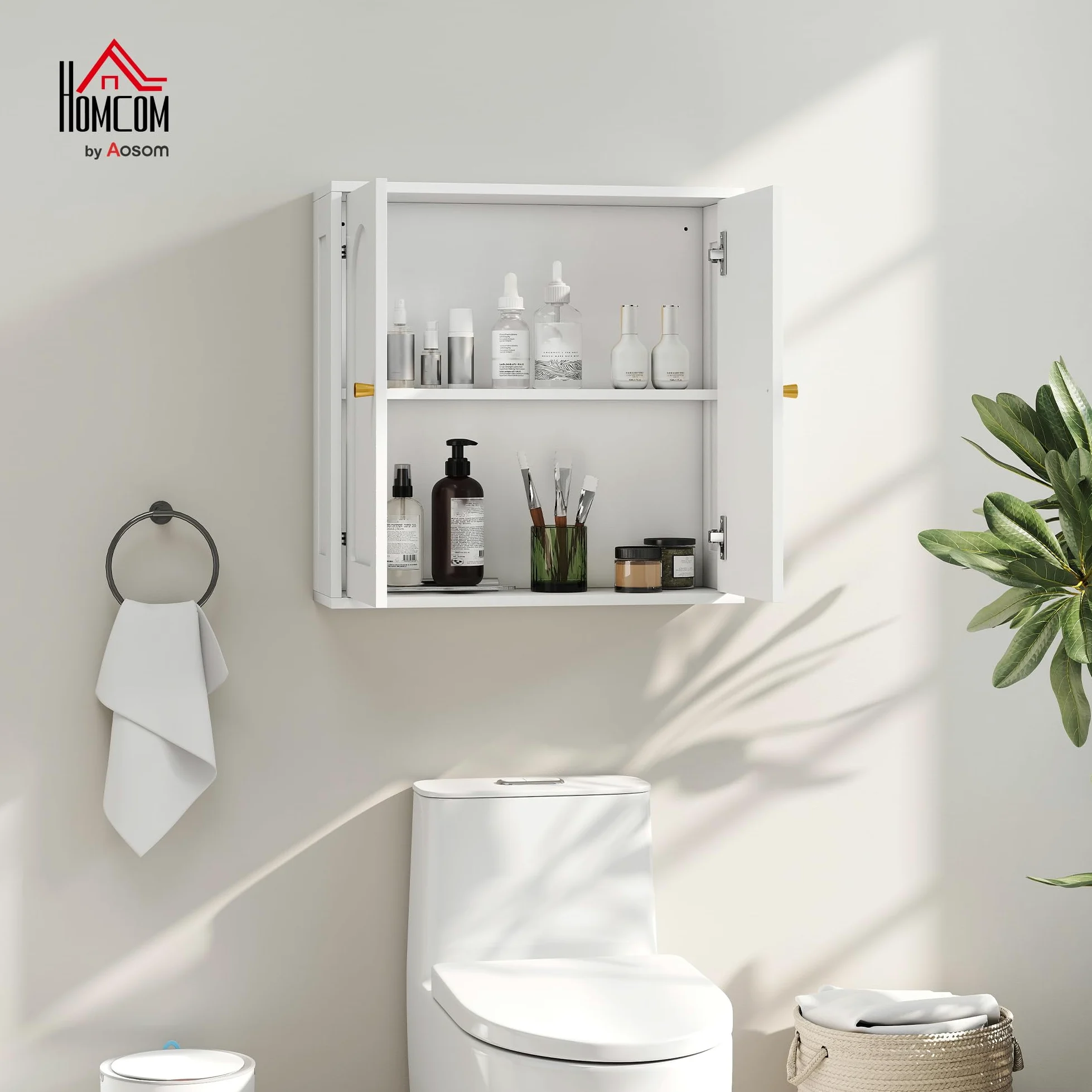 HOMCOM Armoire Murale, Meuble Haut Salle de Bain Style Moderne avec Placard à Double Porte et poignées dorées, Meuble de Salle de Bain Suspendu, 60 x 20 x 60 cm, Blanc