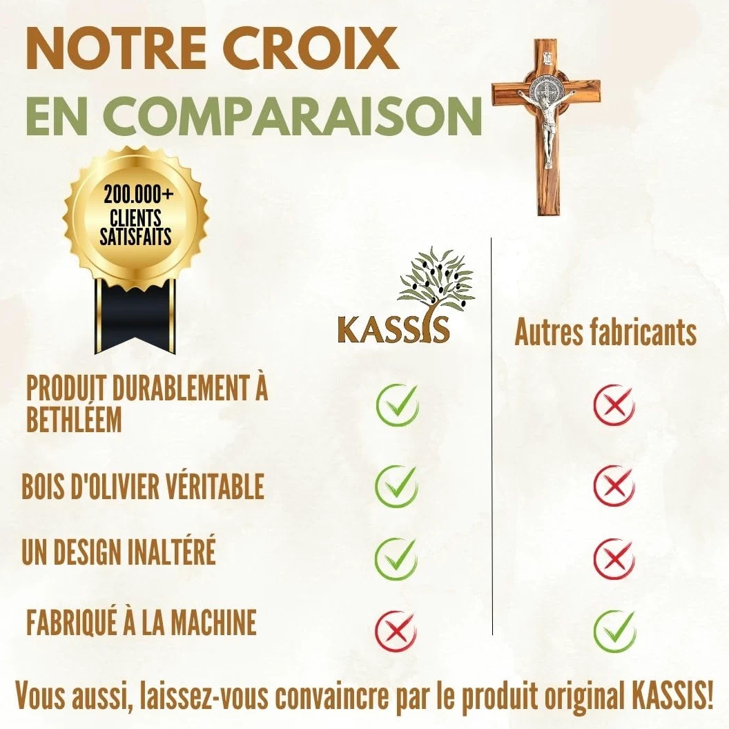 Kassis Geschenkartikel Croix de Saint Benoît en bois d'olivier – Croix murale chrétienne faite main à Bethléem pour baptême et communion – 20 x 12,5 cm (sans gravure), Saint Benoît
