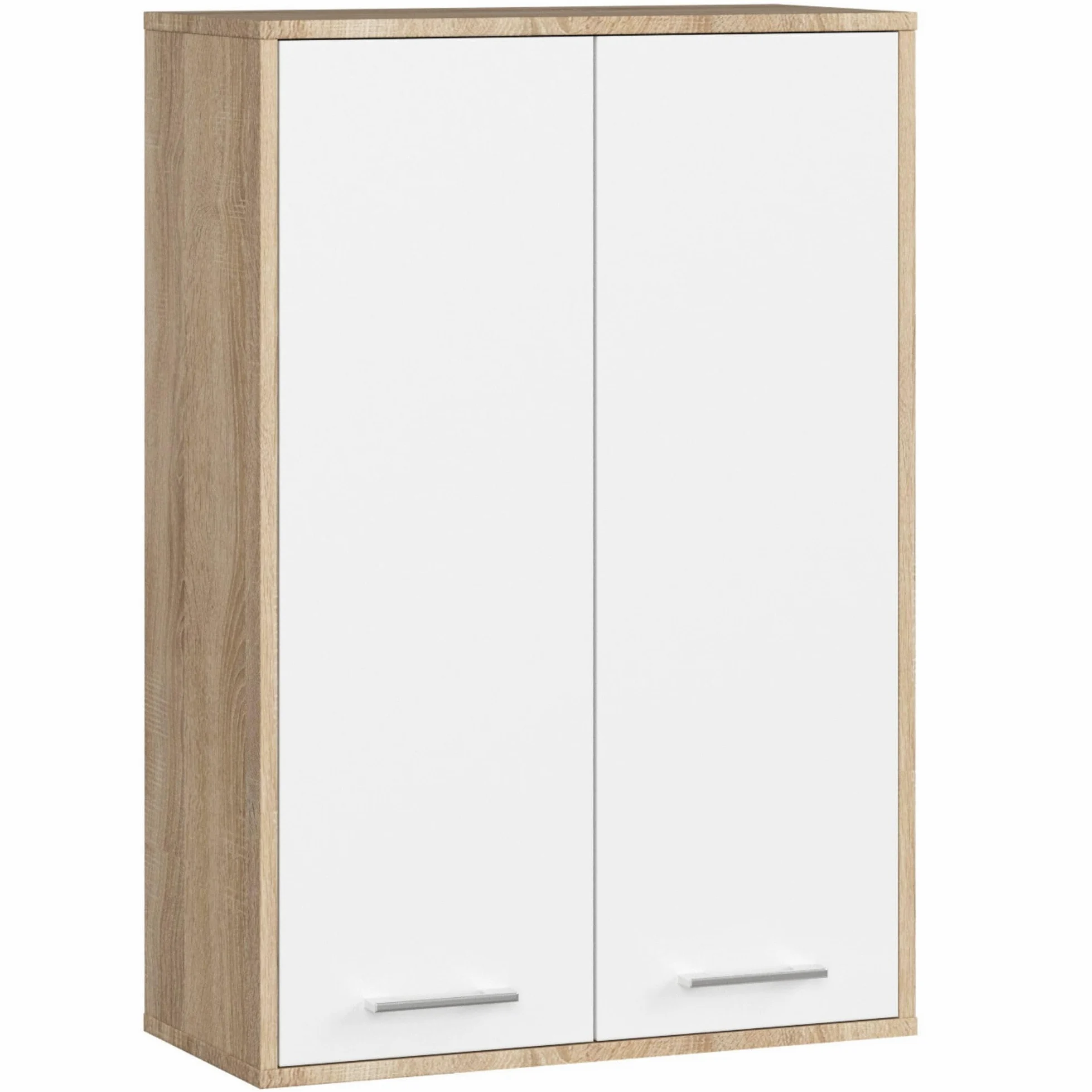 AKORD Meuble Salle de Bain Suspendu Fin 64 cm - 2 Portes, 4 Étagères - Armoire Murale 64x94x30 cm - Meuble Haut WC - Compact, Moderne - Idéal pour Petits Espaces - Chêne de Sonoma & Blanc