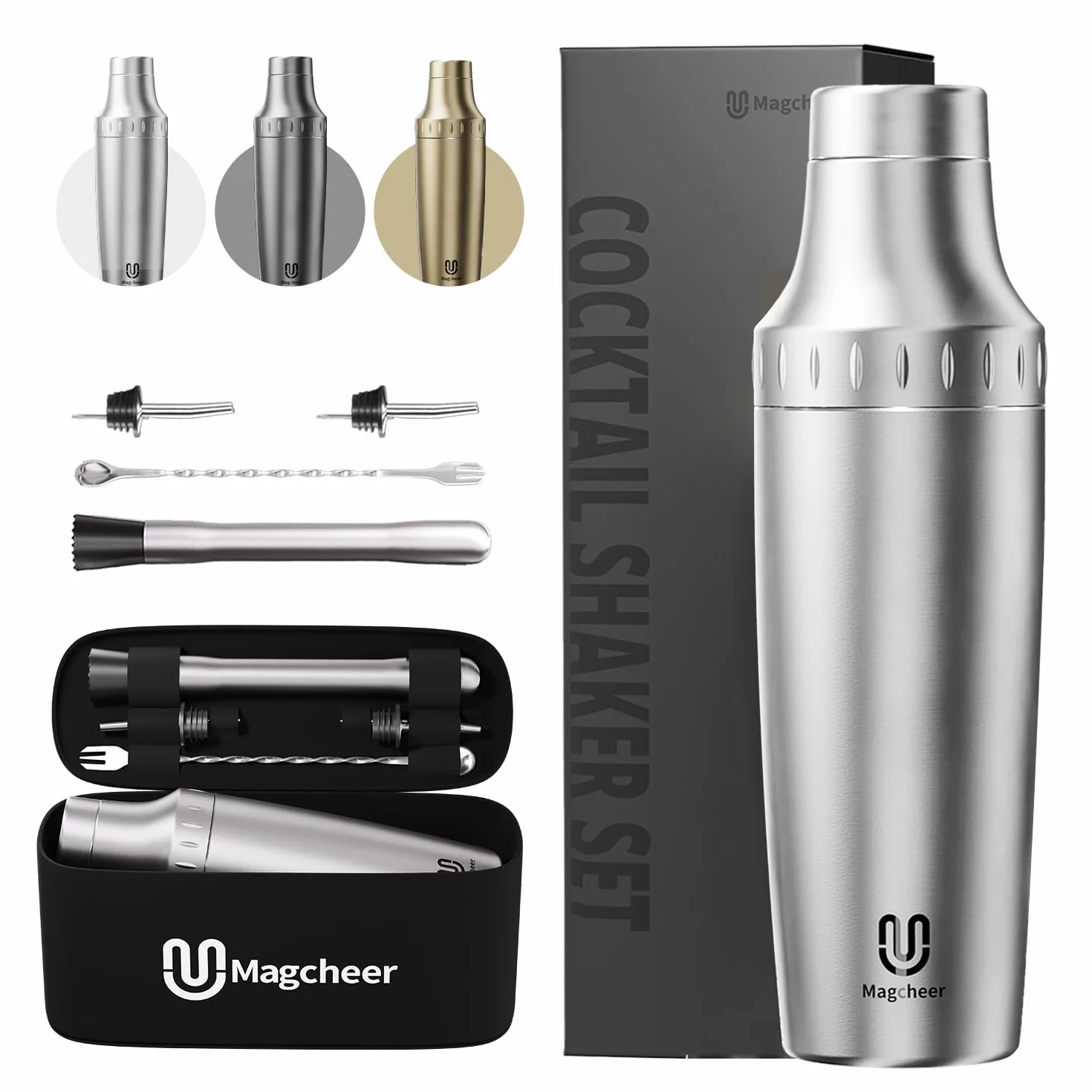 Magcheer 900ml Shaker Cocktail Isotherme Professionnel avec Verre Doseur Intégré | Kit Cocktail 5 Pièces avec Sac de Rangement | Kit Barman pour Débutants et Barmans(Argent)