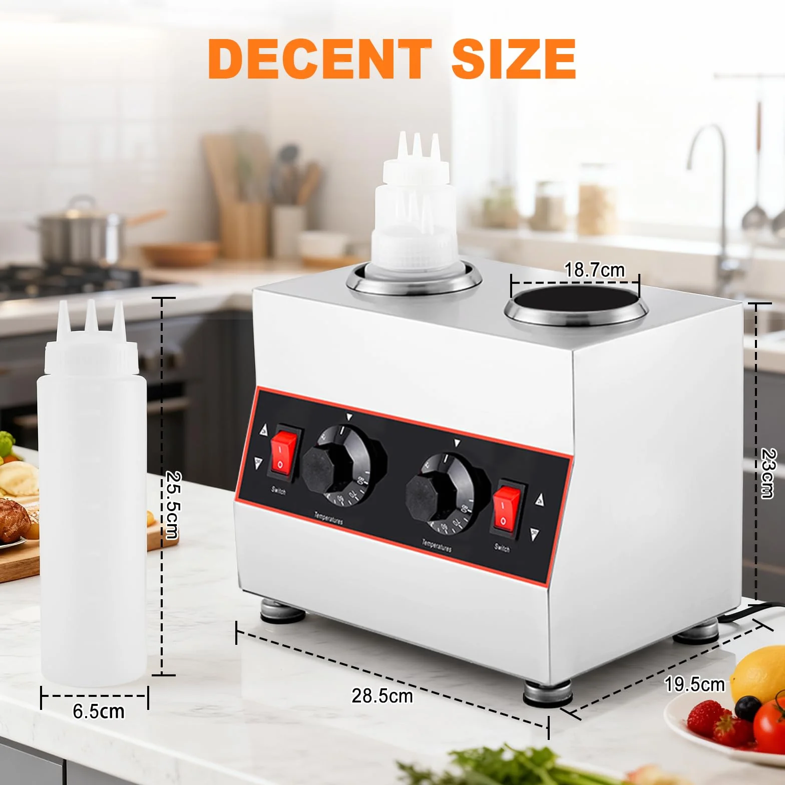 YUCHENGTECH Chauffe-Sauce Électrique, Température Réglable 86-185 ℉,320W | Distributeur Chauffant pour Sauces en Acier Inoxydable avec 2 Bouteillespour Chocolat, Fromage, Ketchup et le Fudge