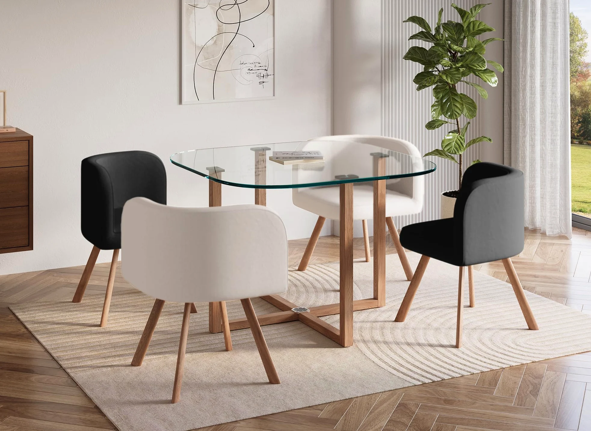 DecoInParis Ensemble Table à Manger en Verre + 4 chaises Noires et Blanches FLEN