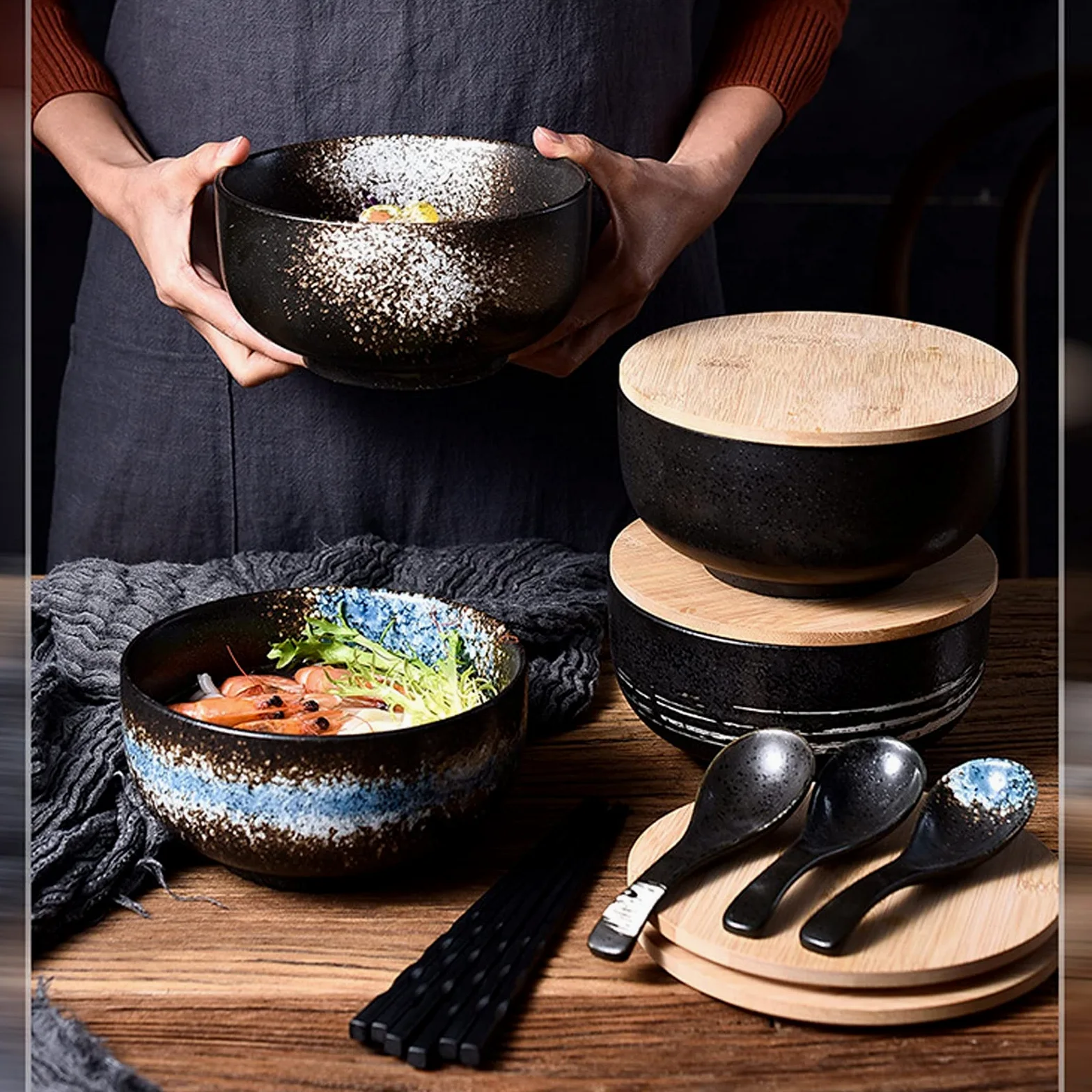 Bol japonais avec couvercle, bol de ramen en céramique, lot de 2 bols de ramen en céramique vintage bol de riz dessiné à la main bol de nouilles instantanées,A5
