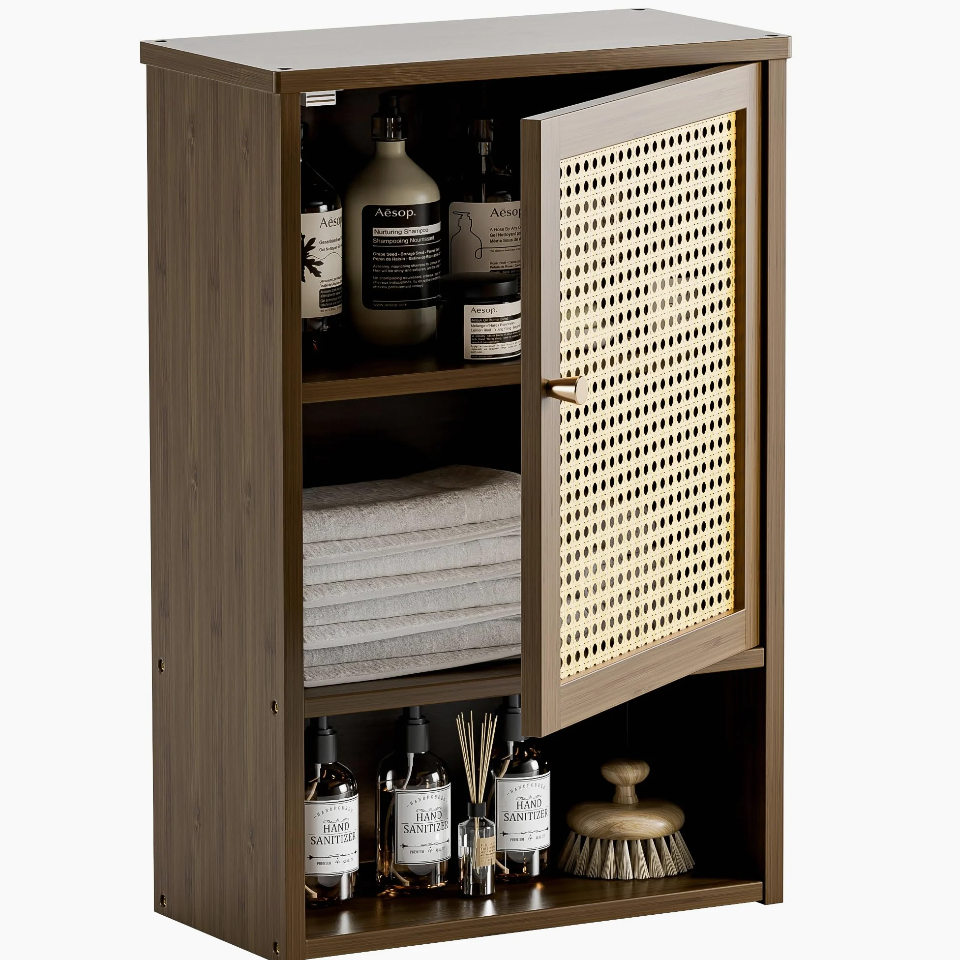 HITNET Armoire Mural Salle de Bain Rotin, Petit Meuble Rangement Toilette Suspendu, Armoire à Pharmacie Bambou avec Compartiment Ouvert et Étagère Réglable, Noyer