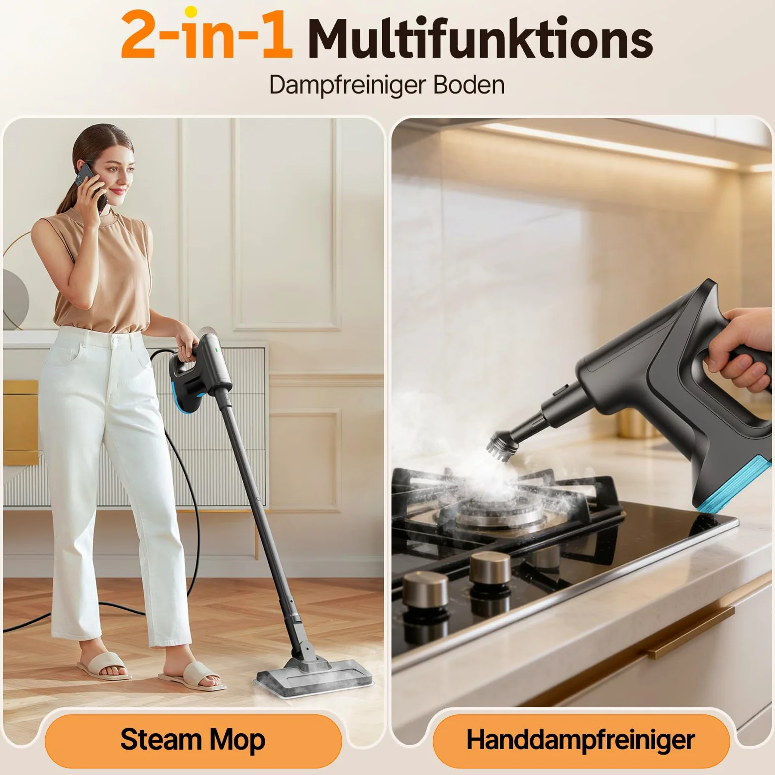 Nettoyeur Vapeur, Balai Vapeur démontable chauffe en 15s, 145℃ nettoyage à la vapeur sans produits chimiques, Steam Cleaner Portable pour Parquets Carrelages Joints Fenêtres Salles de Bains Cuisines