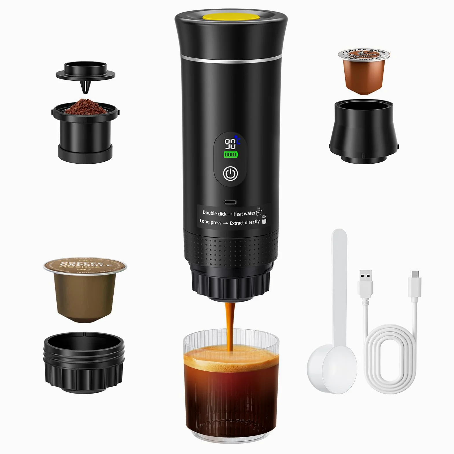 Machine à expresso portable, machine à café électrique 3 en 1, machine à café de camping, mini auto-chauffante compatible avec le café moulu et les capsules de café