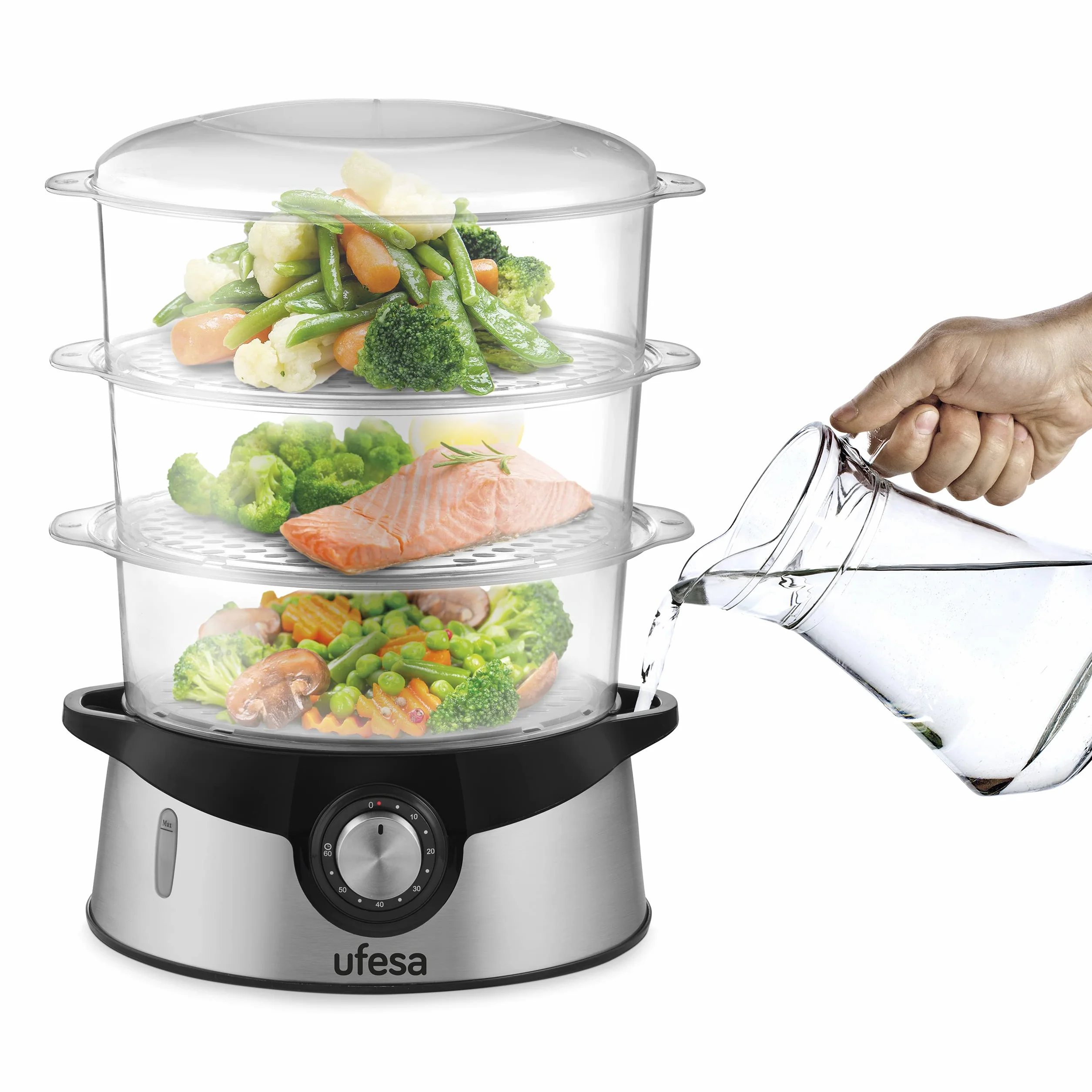 Ufesa CV4000 Cuiseur Vapeur 800W, 3 Plateaux Empilables, Capacité 9L, Minuterie de 60min, Inclus Bol de Riz de 1L, Sans BPA, Inox