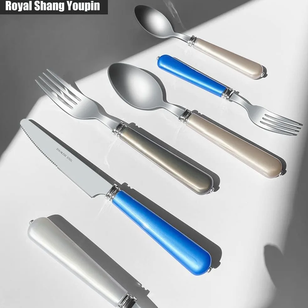 ABS Perle Poignée Cuisine Acier Inoxydable Argenterie Vaisselle Couverts Ensemble De Couverts Couteau À Steak Fourchette Cuillère Cuillère À Café Ustensiles (Beige,20 pièces)