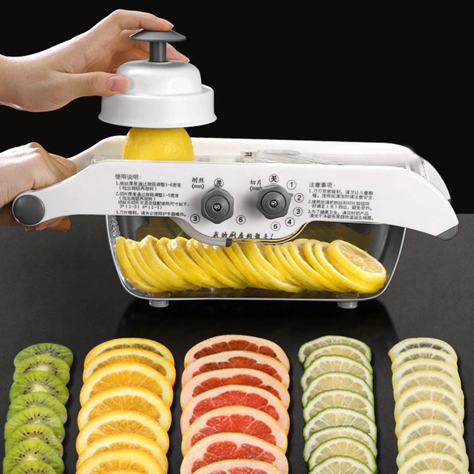 Trancheuse à citron – Trancheuse manuelle pour légumes et fruits avec récipient, épaisseur réglable, machine à trancher pour terre, citron, lingjiong