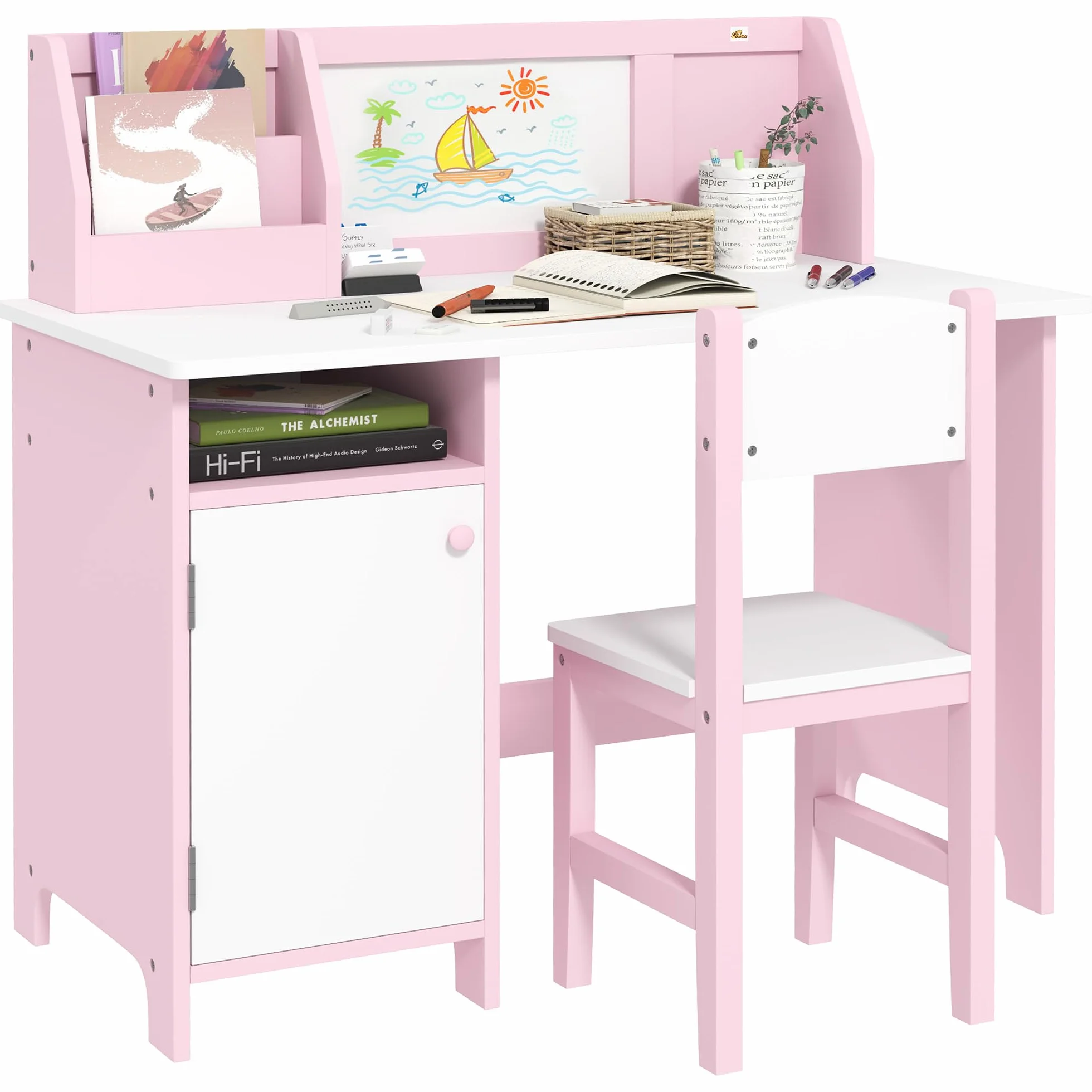 HOMCOM Ensemble Table et Chaise pour Enfant avec Tableau Blanc - Bureau pour Enfant +5 Ans 90L x 45l x 85H cm Rose