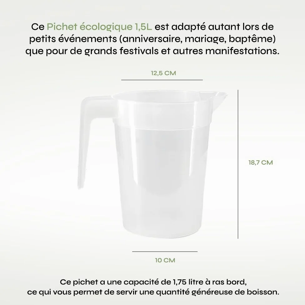 SPARKLERS CLUB Lot de 20 Pichets Réutilisables 1,5L en PP Alimentaire - Haute Résistance, Empilables, Compatibles Lave-Vaisselle (150 Lavages) - Parfait pour Événements et Collectivités