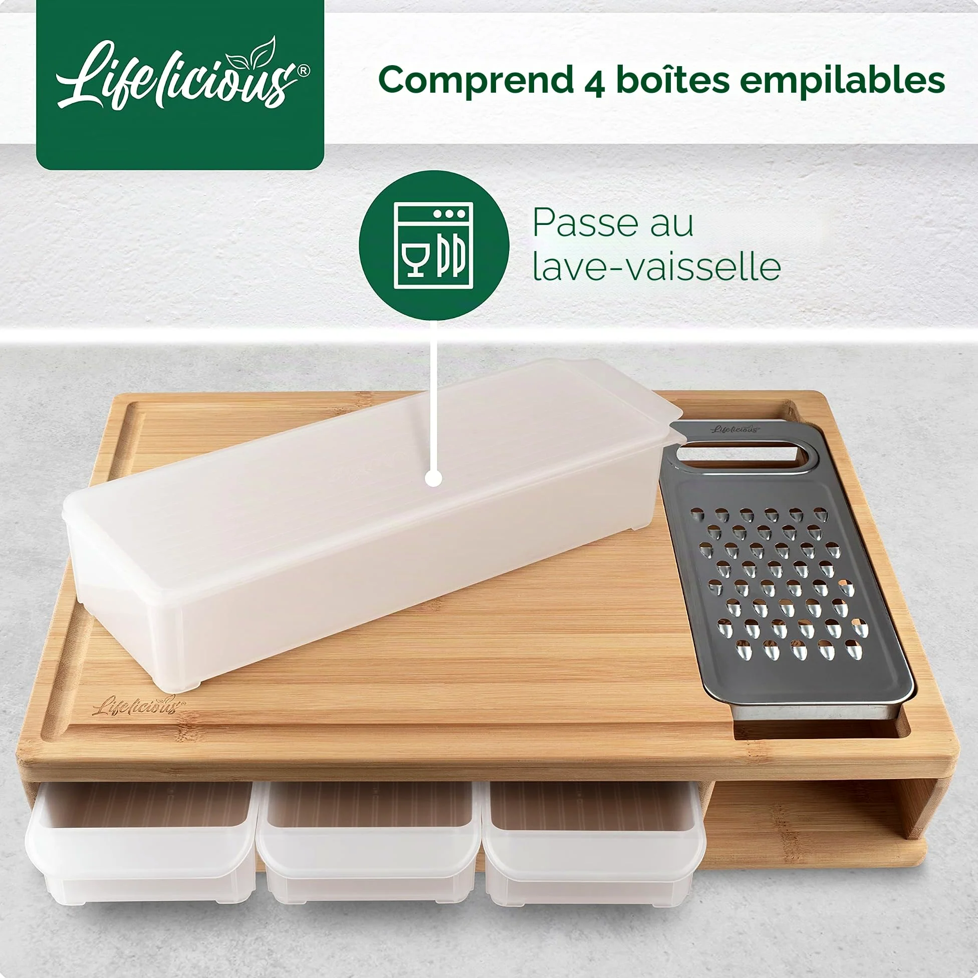 Planche à découper de qualité supérieure avec bac récupérateur [avec râpe en acier inoxydable] Bols en plastique lavables au lave-vaisselle - Grande planche de cuisine