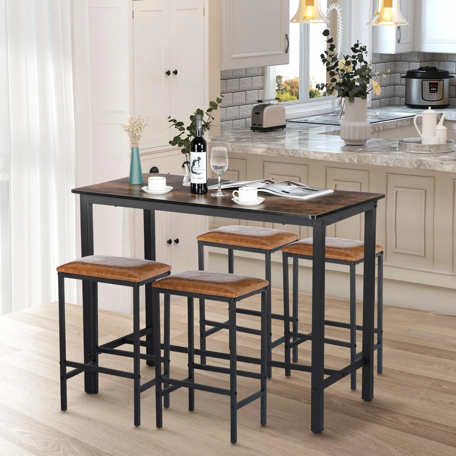 buybyroom Ensemble de 5 Tables de Salle à Manger, Table de Salle à Manger en marbre avec 4 tabourets de Bar 120x60x90.5cm Table de Bar avec Tabouret de Bar 29x39x64.5cm Table de Cuisine chaises, Noir