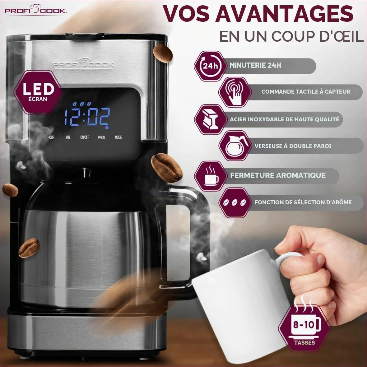 Profi Cook Machine à café avec thermos - avec minuterie pour un café frais le matin - Thermos à double paroi avec fermeture aromatique, Machine à café filtre en acier inoxydable PC-KA 1191