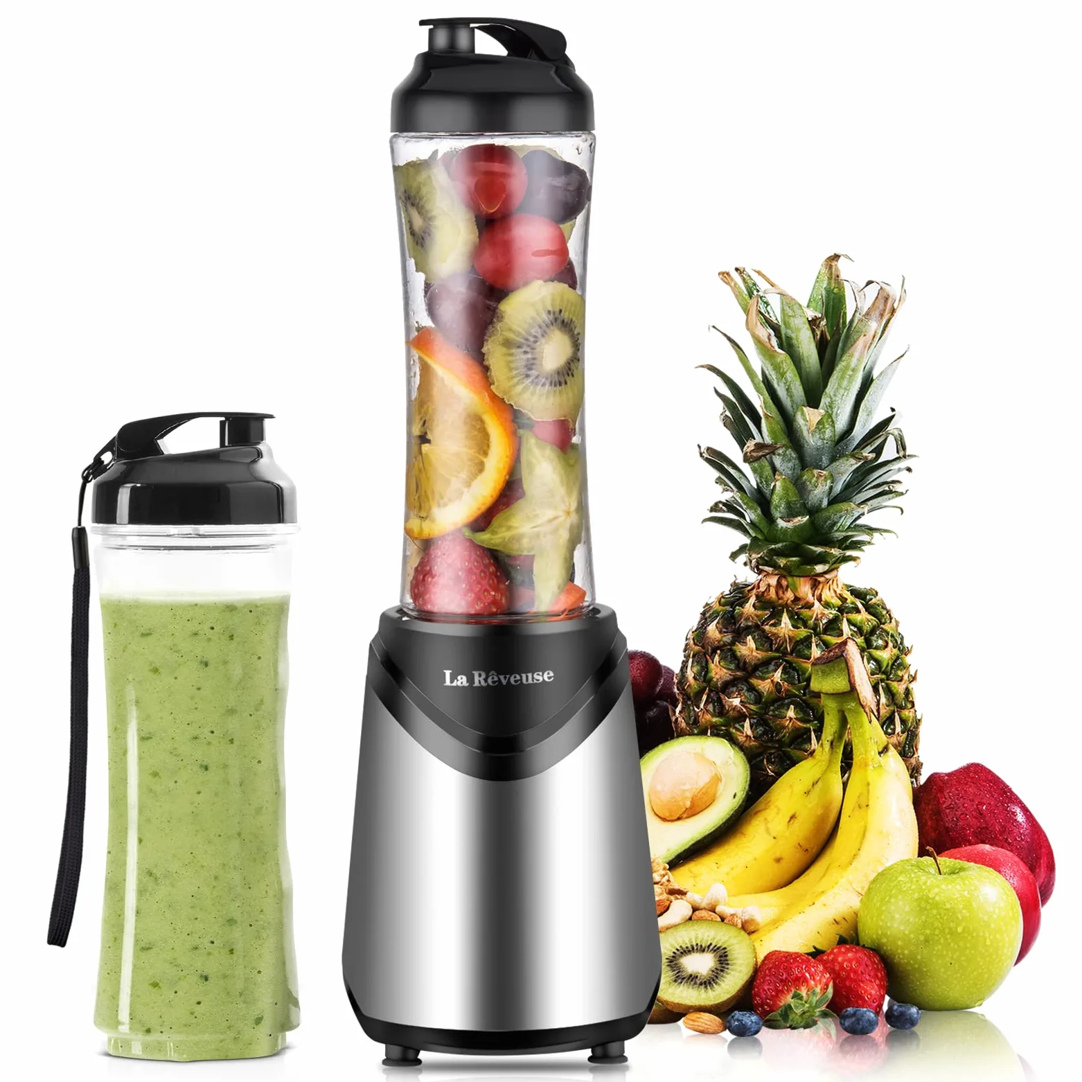 La Rêveuse Mixeur Blender avec 2 Bouteilles BPA-Free Portables de 550ml Mini Blender électrique Multifonctionnel pour Smoothie Milk-shake Fruits,Puissant 300W (Silver)