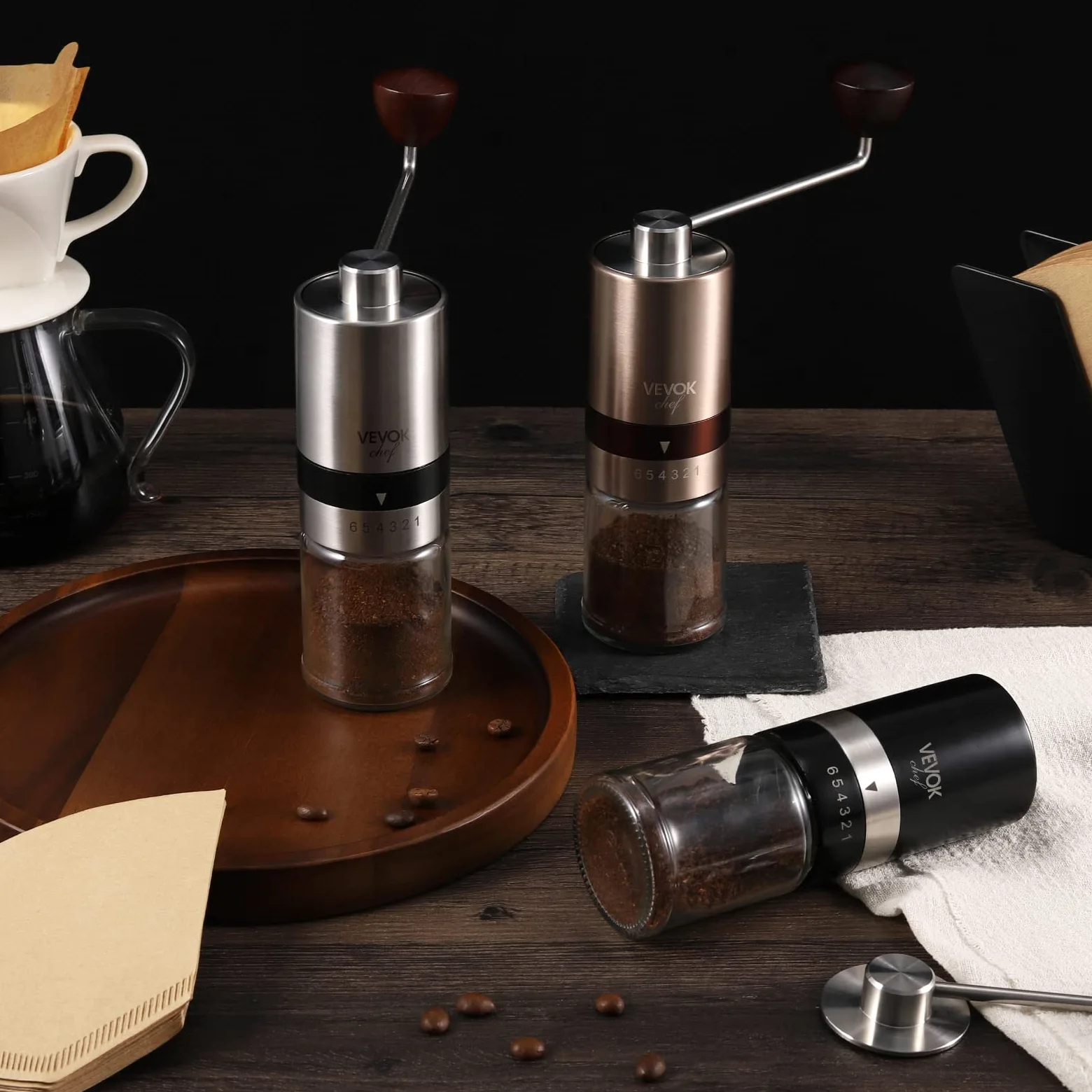 Vevok Chef Moulin à Café Manuel avec 6 Réglages Externes pour Espresso à French Press, Meule Conique en Acier Inoxydable, Idéal pour Maison, Bureau ou Voyages, Argent