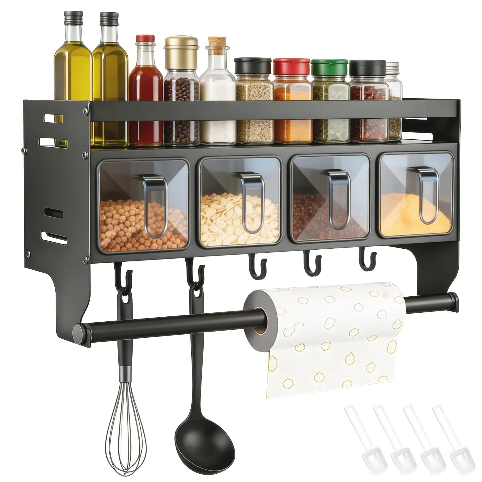 Porte-épices sans perçage, porte-épices pour cuisine à suspendre, avec porte-rouleau d'épices mural avec pots pour le stockage dans la cuisine d'épices,huile (avec 4 boîtes