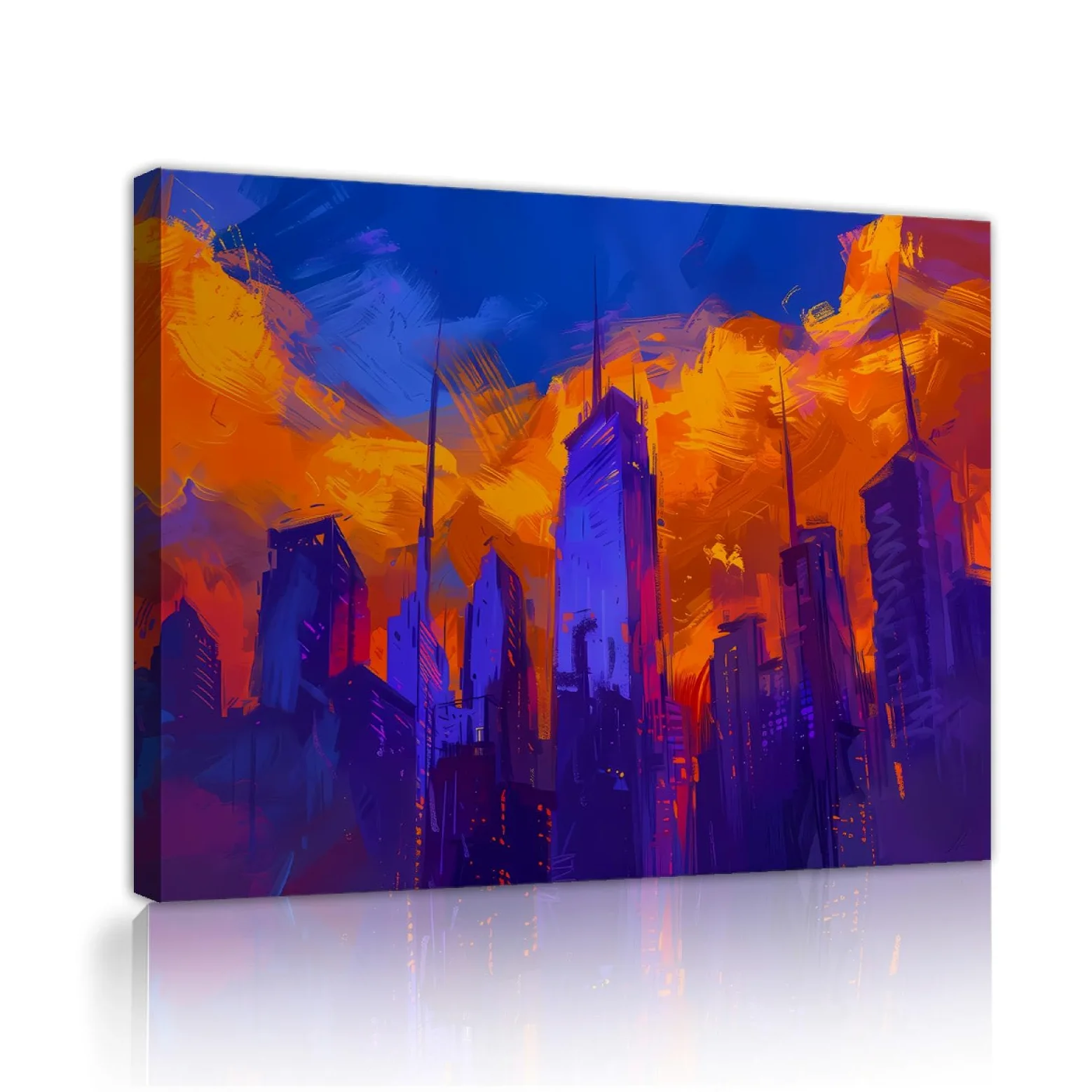 UIRINGART Bleu et Orange Aquarelle Toile Affiche Future Ville Scène Nuit Décor Mural Pour Chambre Salon Couloir Salle Bain Bureau 60x80cm Cadre Intérieur
